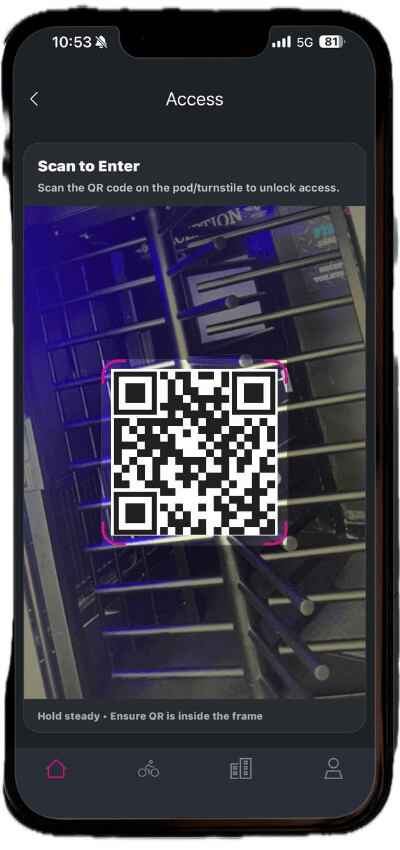 QR code gym access scan screen in the GYM X app