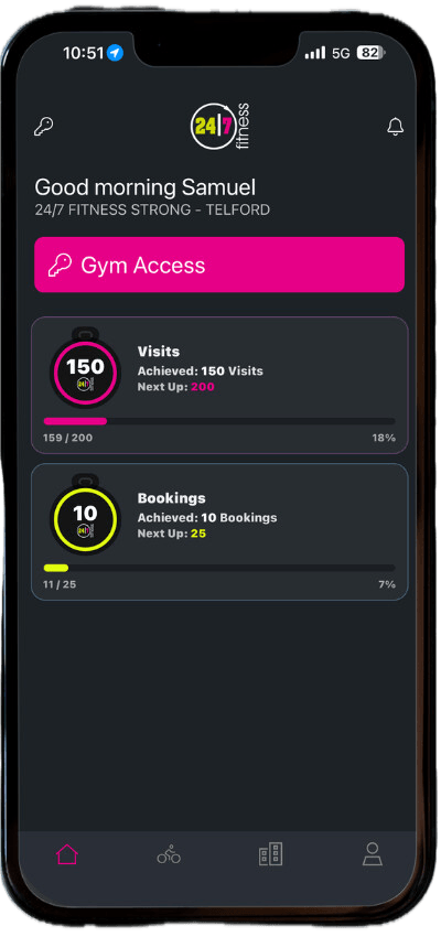 GYM X member app showing gym access, visit streaks and booking gamification