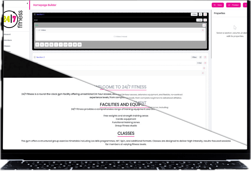 GYM X CMS homepage builder for editing gym website content