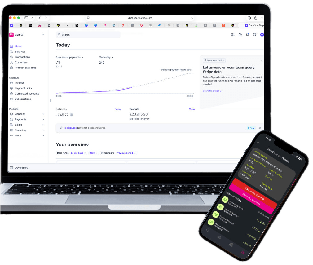 Stripe payments dashboard on a laptop and membership payment view in the GYM X app