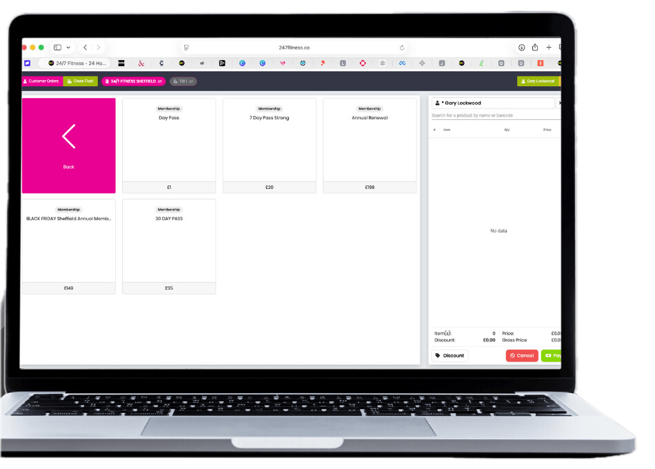 GYM X point of sale screen for memberships and products